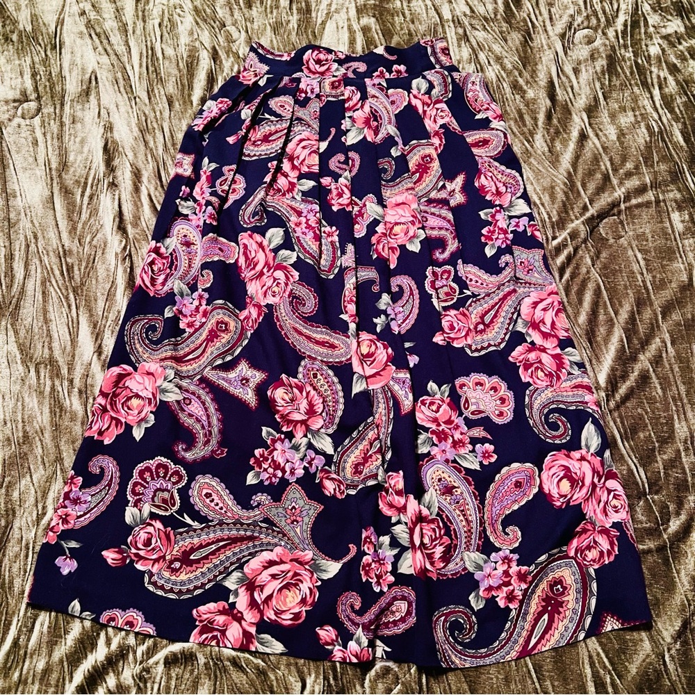 Kathie Lee Long A-Line Paisley Floral Skirt Elastic Waist Navy Size 6